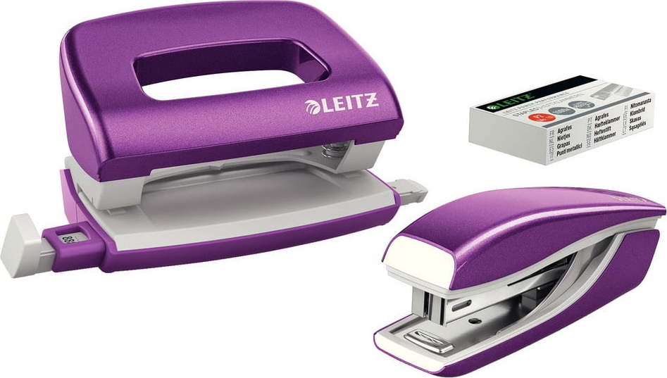 Bílo-fialový set mini sešívačky a děrovačky Leitz Leitz