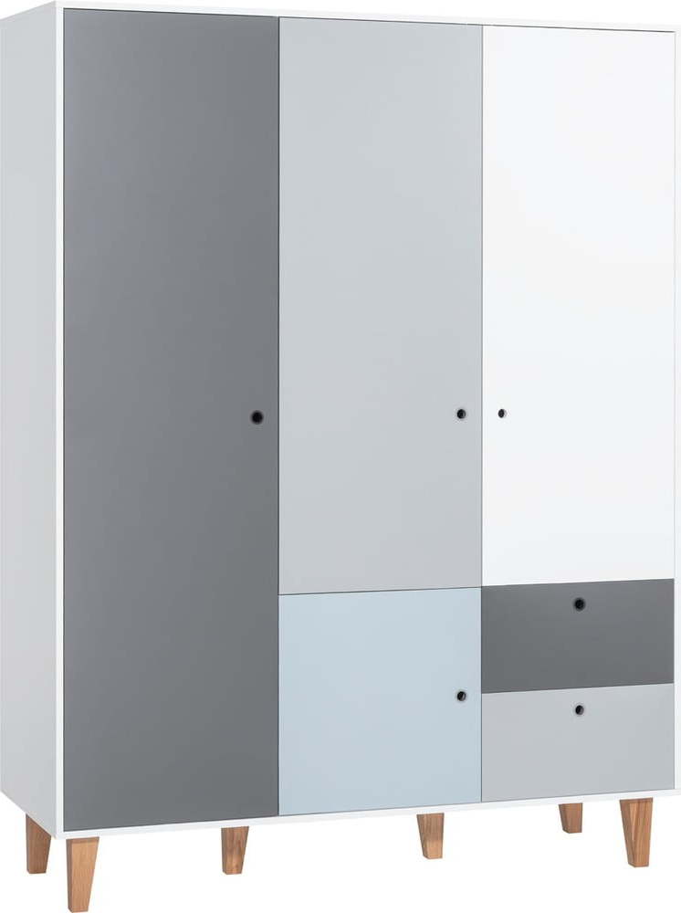 Bílo-šedá třídveřová šatní skříň s modrým detailem Vox Concept VOX