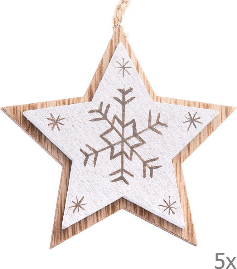Sada 5 bílých dřevěných závěsných ozdob ve tvaru hvězdy Dakls