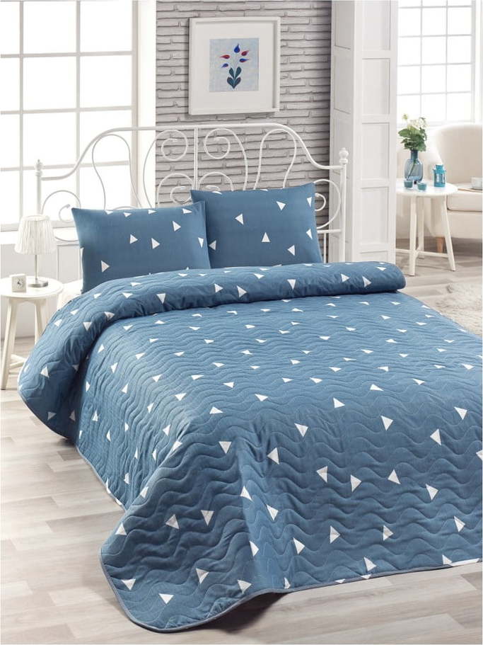 Set modrého přehozu přes postel a povlaku na polštář Mismo Cula