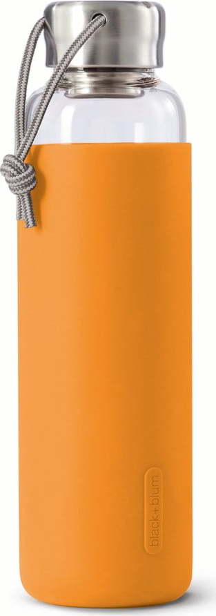 Skleněná láhev na vodu s oranžovým silikonovým obalem Black + Blum G-Bottle