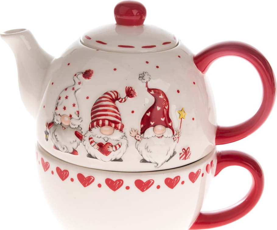 Červeno-bílá keramická konvice na čaj s motivem trpaslíků Dakls Dakls