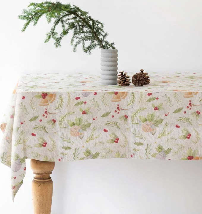 Vánoční lněný ubrus Linen Tales Jingle Bells, 140 x 140 cm