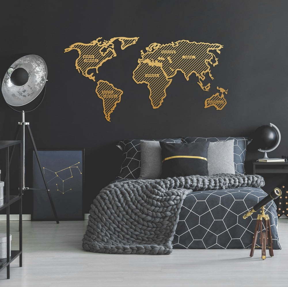 Kovová nástěnná dekorace ve zlaté barvě World Map In The Stripes
