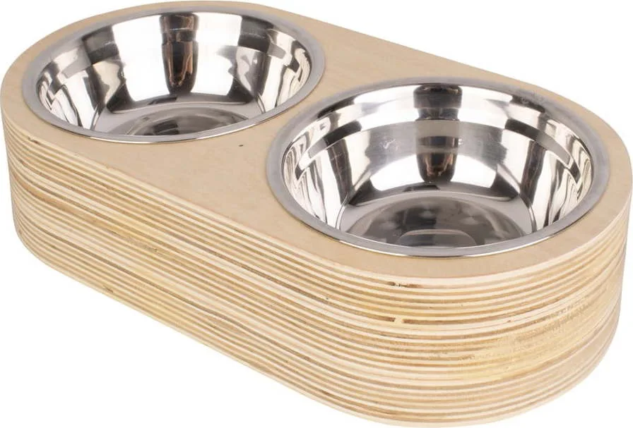 Sada 2 kovových misek ve světlém dřevěném podstavci PT LIVING Pet, šířka 18 cm