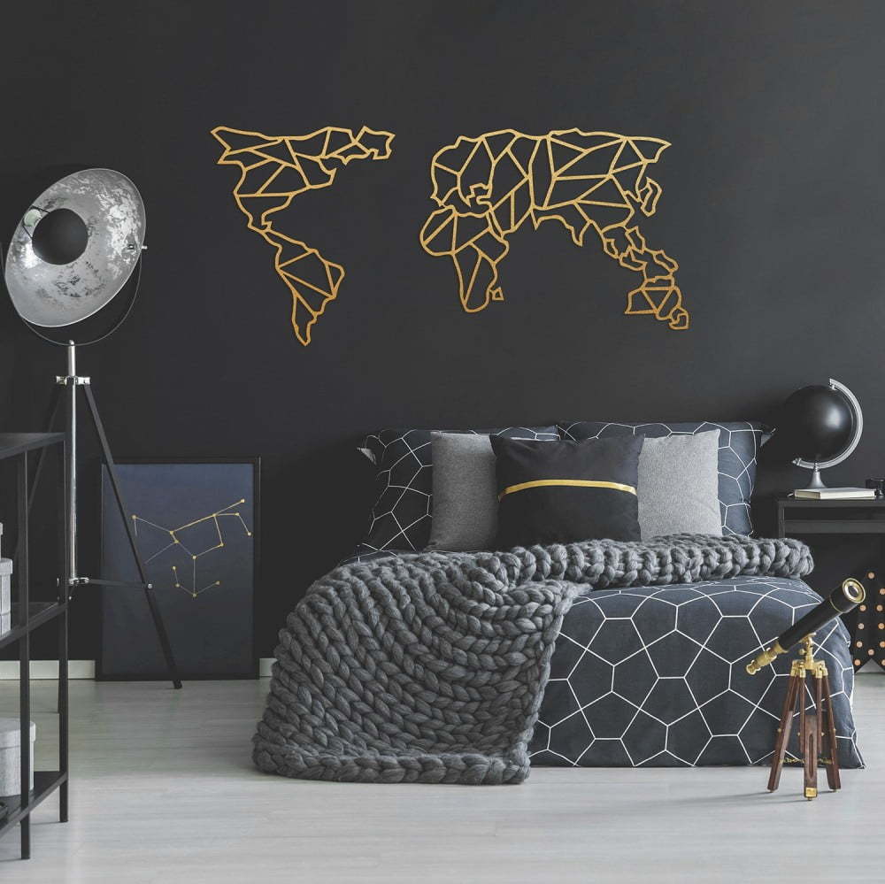 Kovová nástěnná dekorace ve zlaté barvě Geometric World Map