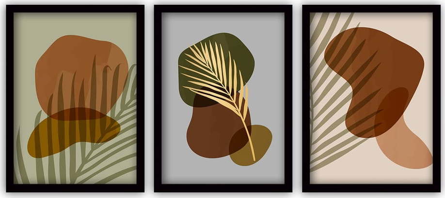 Sada 3 obrazů v černém rámu Vavien Artwork Palm Leaves