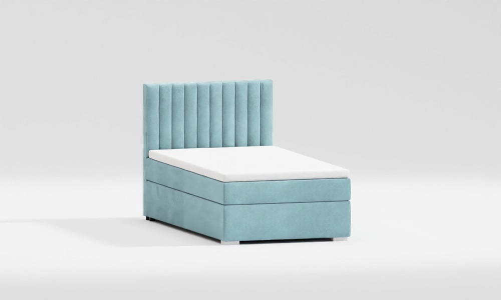Světle modrá čalouněná jednolůžková postel s úložným prostorem s roštem 90x200 cm Bunny – Ropez Ropez