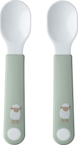 Plastov&eacute; dětsk&eacute; lžičky v b&iacute;l&eacute; a světle zelen&eacute; barvě v sadě 2 ks Little farm &ndash; Mepal Mepal