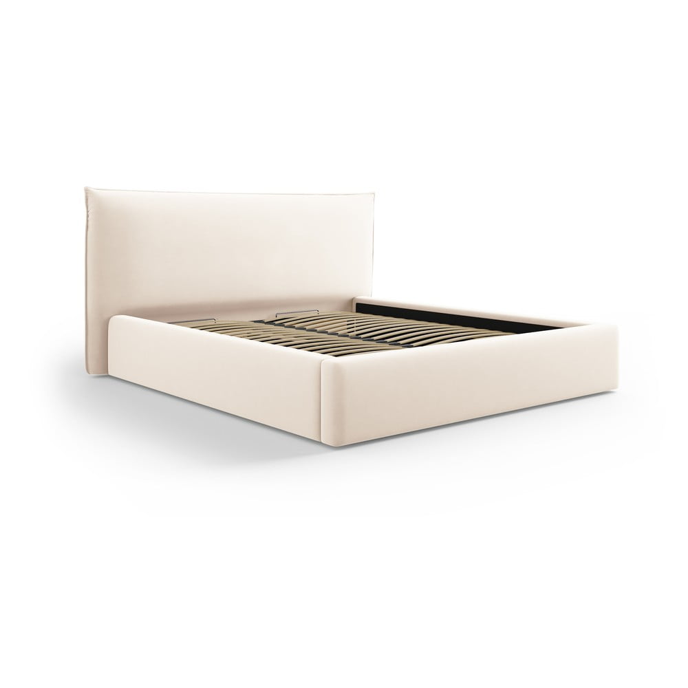 Krémová čalouněná dvoulůžková postel s úložným prostorem a roštem 140x200 cm Elio – Milo Casa Milo Casa