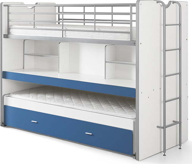 Bílo-modrá patrová dětská postel s výsuvným lůžkem s úložným prostorem s roštem 90x200 cm Bonny – Vipack Vipack