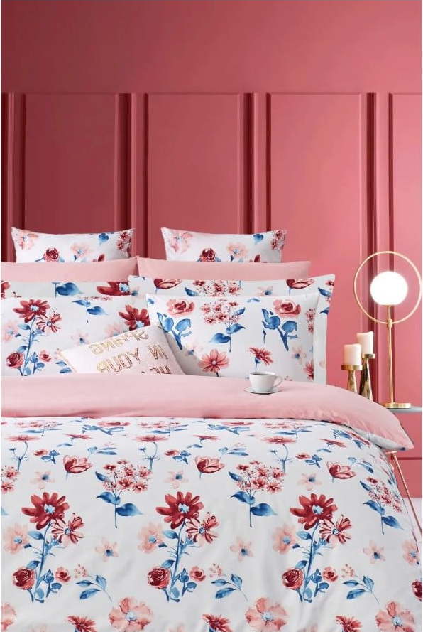 Bílo-růžové prodloužené povlečení na dvoulůžko z bavlny Renforcé s prostěradlem/4dílné 200x220 cm – Mila Home Mila Home
