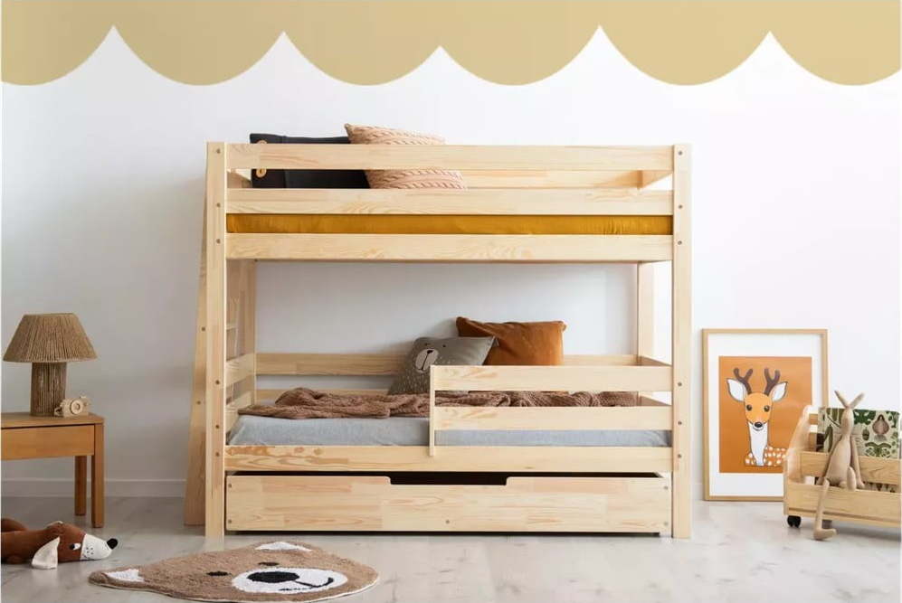 Patrová dětská postel s výsuvným lůžkem s úložným prostorem s roštem v přírodní barvě 90x180 cm CLPB – Adeko Adeko