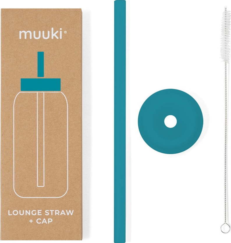 Silikonové brčko s čistícím kartáčkem/s víčkem Tahiti Blue – Muuki MUUKI