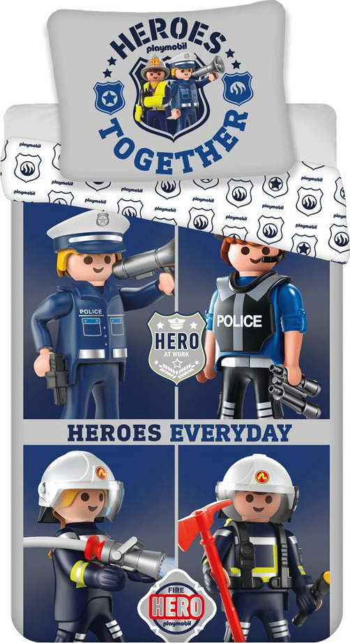 Modro-šedé bavlněné dětské povlečení na jednolůžko 140x200 cm Playmobil – Jerry Fabrics Jerry Fabrics