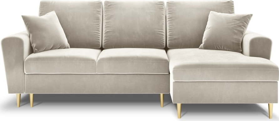 Béžová sametová rozkládací/s úložným prostorem rohová pohovka (pravý roh/s lenoškou) Kyoto – Cosmopolitan Design Cosmopolitan design