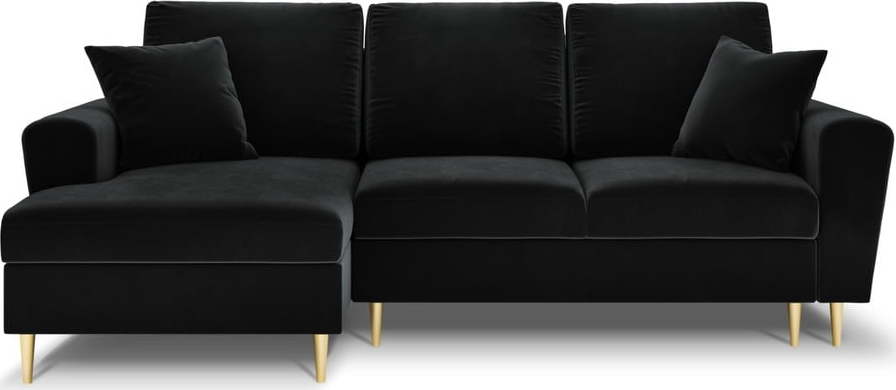 Černá sametová rozkládací/s úložným prostorem rohová pohovka (levý roh/s lenoškou) Kyoto – Cosmopolitan Design Cosmopolitan design