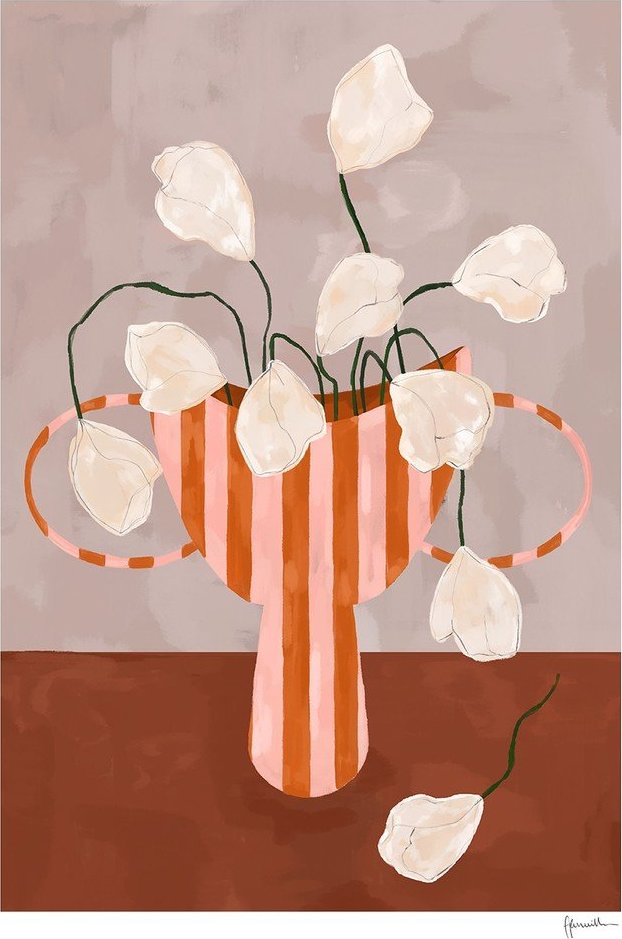 Plakát 30x40 cm White Flowers in Striped Vase – The Poster Club The Poster Club