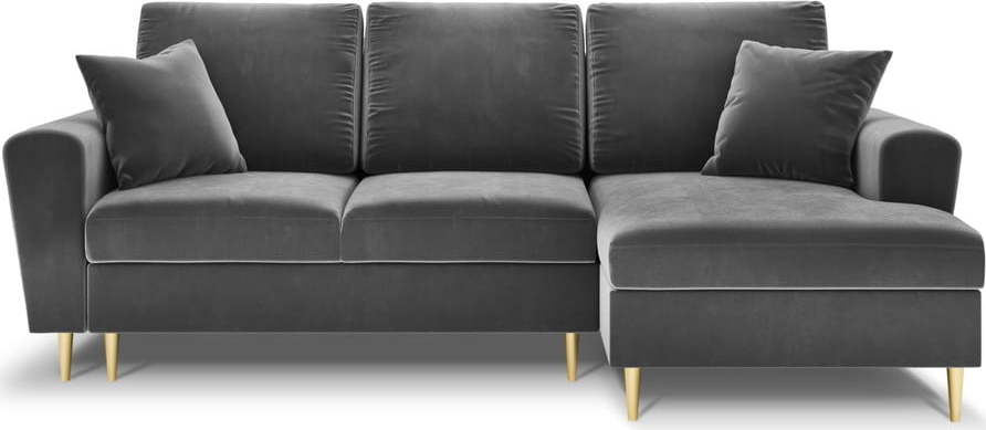 Světle šedá sametová rozkládací/s úložným prostorem rohová pohovka (pravý roh/s lenoškou) Kyoto – Cosmopolitan Design Cosmopolitan design