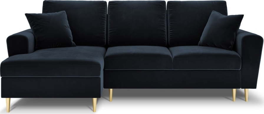 Tmavě modrá sametová rozkládací/s úložným prostorem rohová pohovka (levý roh/s lenoškou) Kyoto – Cosmopolitan Design Cosmopolitan design