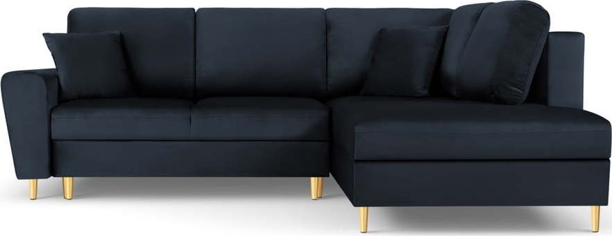 Tmavě modrá sametová rozkládací/s úložným prostorem rohová pohovka (pravý roh/do L) Kyoto – Cosmopolitan Design Cosmopolitan design
