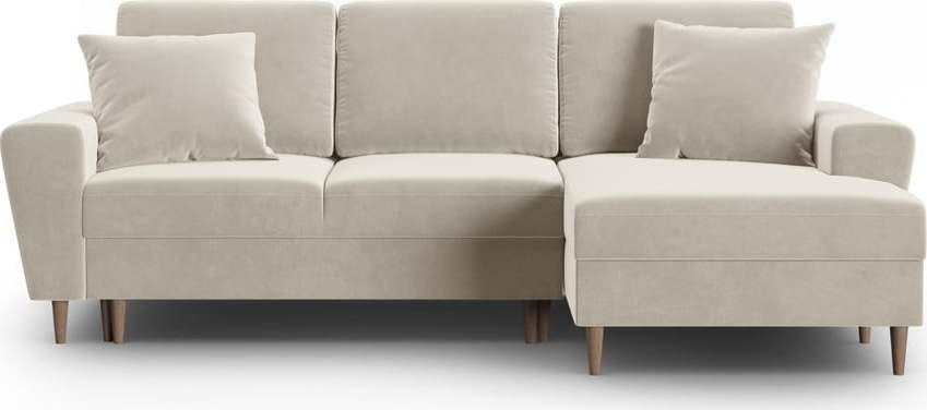 Béžová sametová rozkládací/s úložným prostorem rohová pohovka (pravý roh/s lenoškou) Kyoto – Cosmopolitan Design Cosmopolitan design