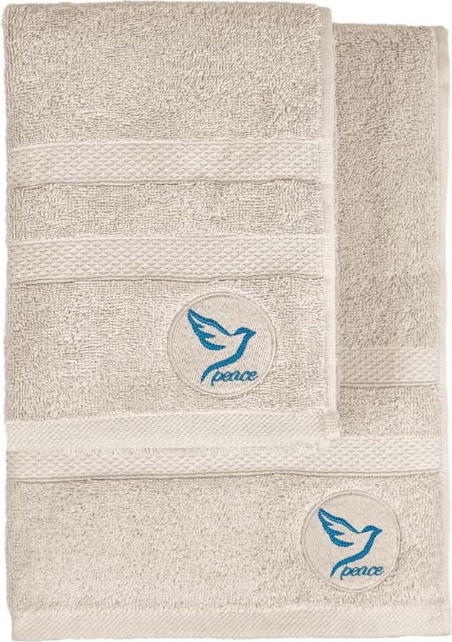 Béžové froté bavlněné ručníky a osušky v sadě 2 ks Peace – Foutastic Foutastic