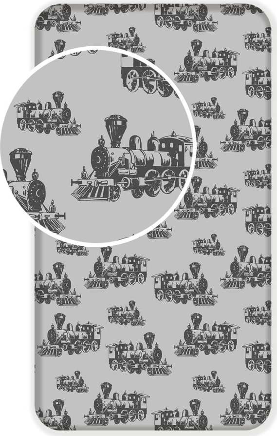 Šedé napínací bavlněné dětské prostěradlo 90x200 cm Train – Jerry Fabrics Jerry Fabrics