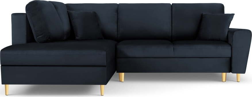 Tmavě modrá sametová rozkládací/s úložným prostorem rohová pohovka (levý roh/do L) Kyoto – Cosmopolitan Design Cosmopolitan design