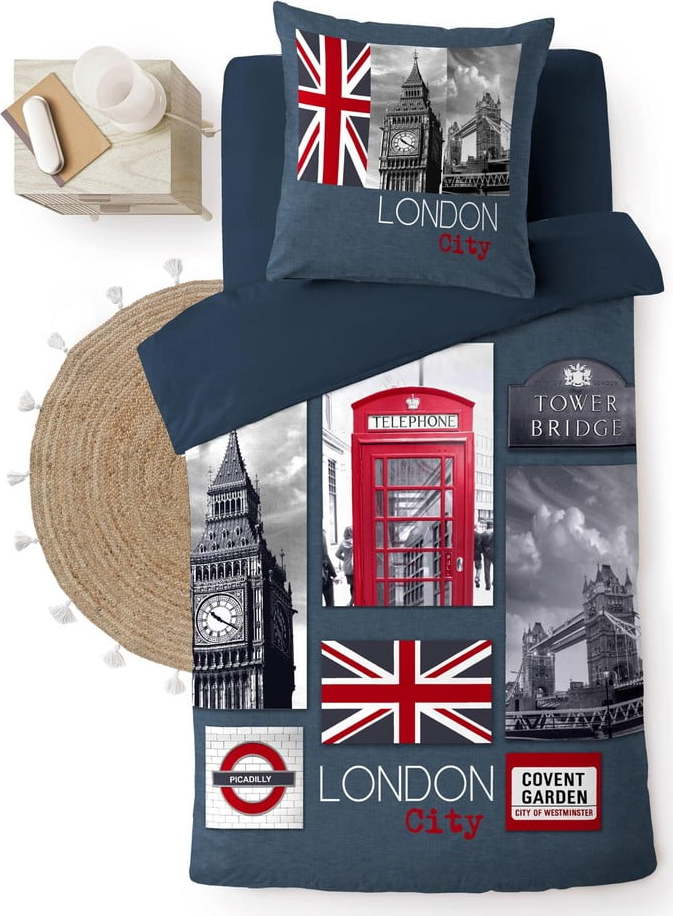 Tmavě modré bavlněné povlečení na jednolůžko 140x200 cm City London – douceur d'intérieur Douceur d intérieur