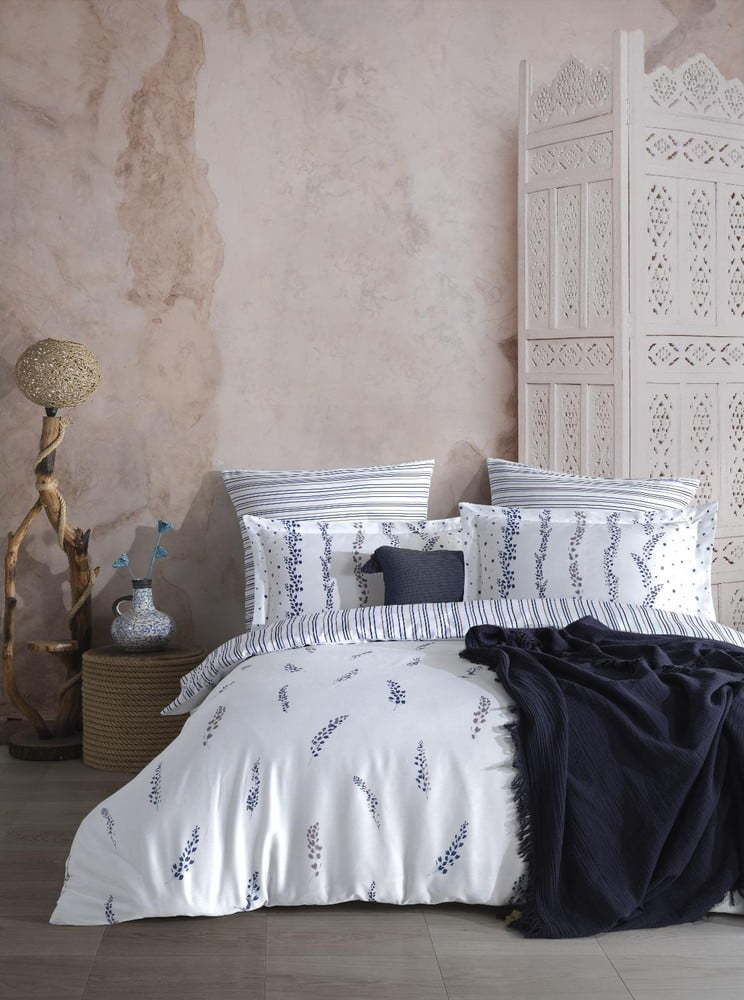 Bílé/modré povlečení na dvoulůžko/prodloužené z bavlněného saténu 240x220 cm Marseille Floral – Mila Home Luxury Mila Home Luxury