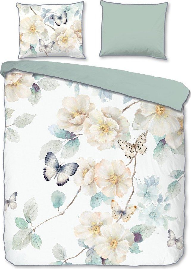 Bílé/zelené povlečení na dvoulůžko/prodloužené z bavlněného saténu 200x220 cm Adiwanya – Descanso Descanso