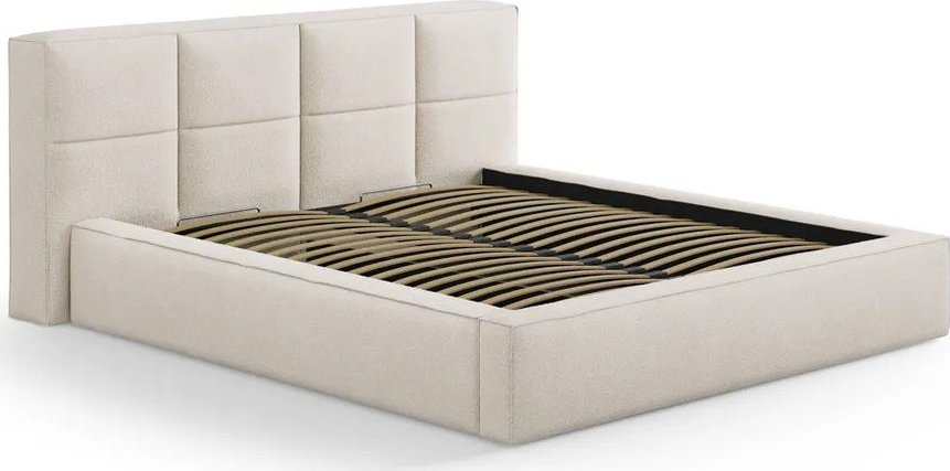 Krémová čalouněná dvoulůžková postel s úložným prostorem s roštem 180x200 cm Simon Darren – Micadoni Micadoni