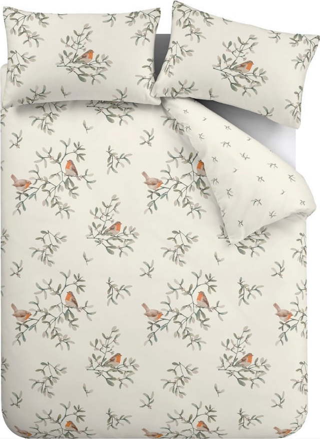 Krémové flanelové povlečení na dvoulůžko/prodloužené 230x220 cm Mistletoe Robins – Catherine Lansfield Catherine Lansfield