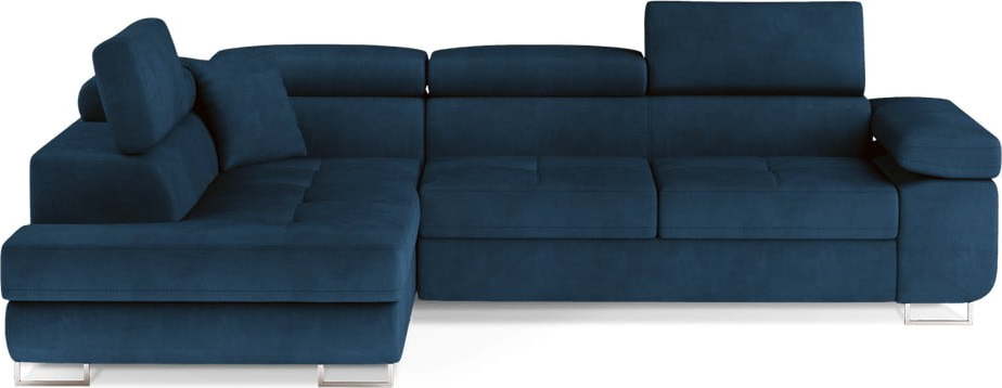 Modrá sametová rozkládací/s úložným prostorem rohová pohovka (levý roh/do L) Anton – ELTAP ELTAP