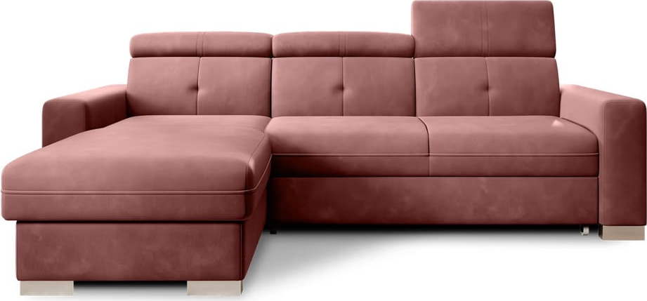 Růžová sametová rozkládací/s úložným prostorem rohová pohovka (levý roh/s lenoškou) Fresia – ELTAP ELTAP