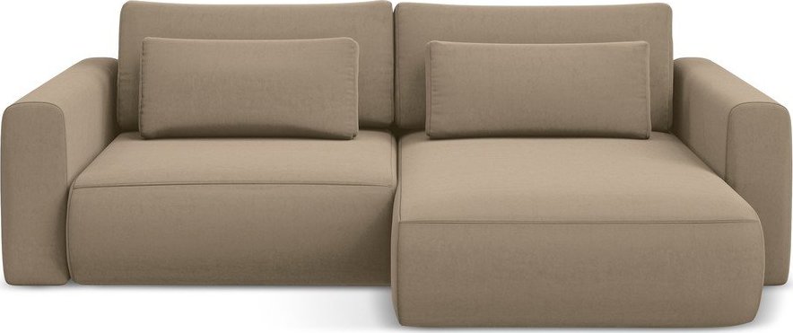 Světle hnědá sametová rozkládací/s úložným prostorem rohová pohovka (pravý roh/s lenoškou) Kapua – Makamii Makamii