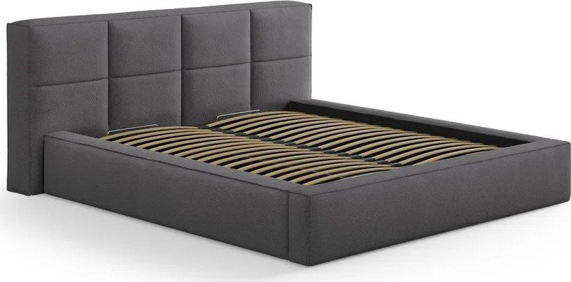 Tmavě šedá čalouněná dvoulůžková postel s úložným prostorem s roštem 200x200 cm Simon Darren – Micadoni Micadoni