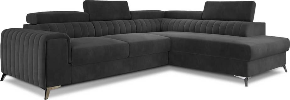 Tmavě šedá sametová rozkládací/s úložným prostorem rohová pohovka (pravý roh/do L) Laurence – ELTAP ELTAP