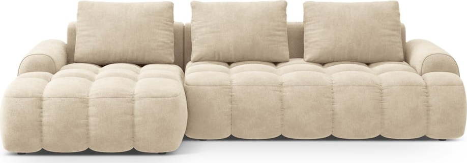 Béžová sametová rozkládací/s úložným prostorem rohová pohovka (levý roh/s lenoškou) Linz – Cosmopolitan Design Cosmopolitan design