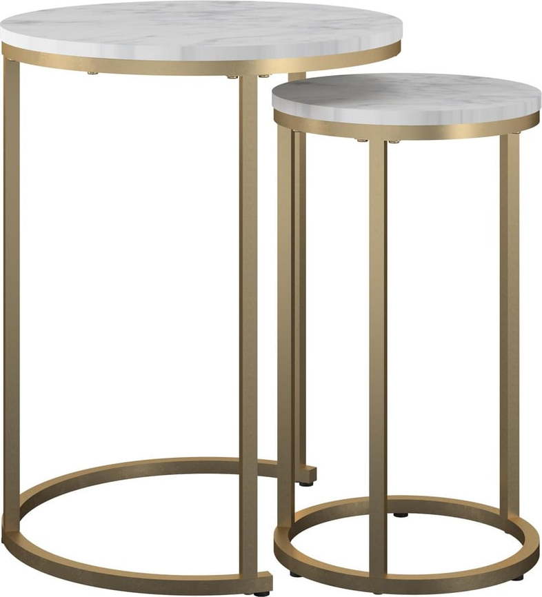 Bílé/ve zlaté barvě kulaté konferenční stolky v sadě 2 ks s deskou v dekoru mramoru ø 45 cm Amelia – CosmoLiving by Cosmopolitan CosmoLiving by Cosmopolitan
