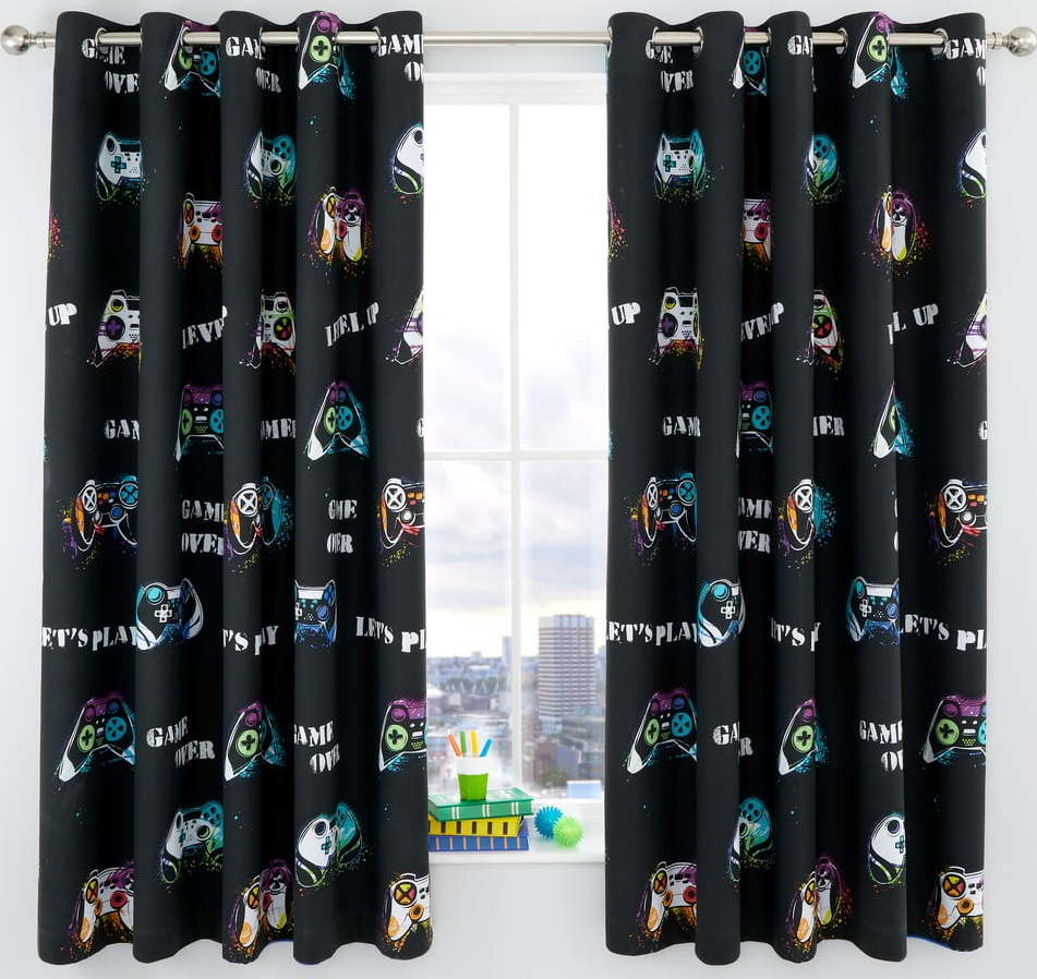 Černý/modrý dětský závěs 2 ks 168x183 cm Game Over – Catherine Lansfield Catherine Lansfield