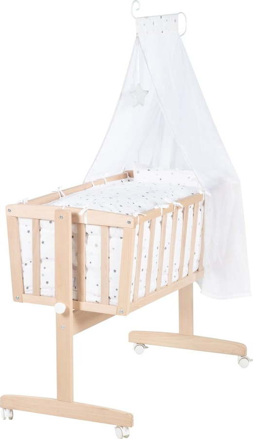 Kolébka z bukového dřeva na kolečkách/s nebesy 40x90 cm v přírodní barvě – Roba Roba