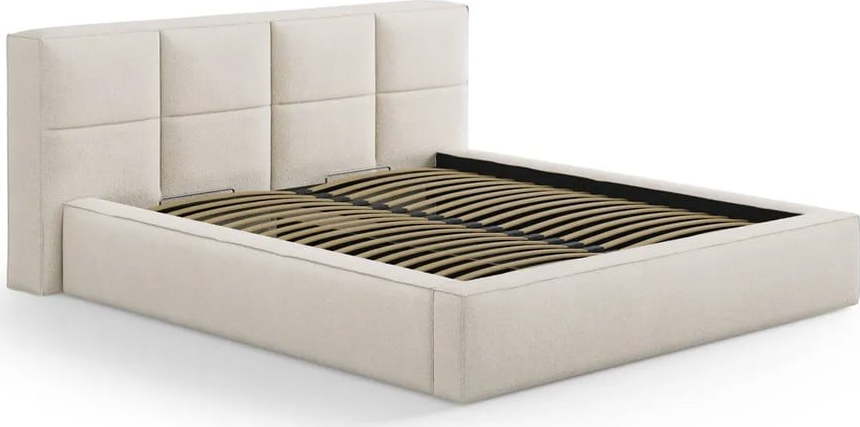 Krémová čalouněná dvoulůžková postel s úložným prostorem s roštem 160x200 cm Simon Darren – Micadoni Micadoni
