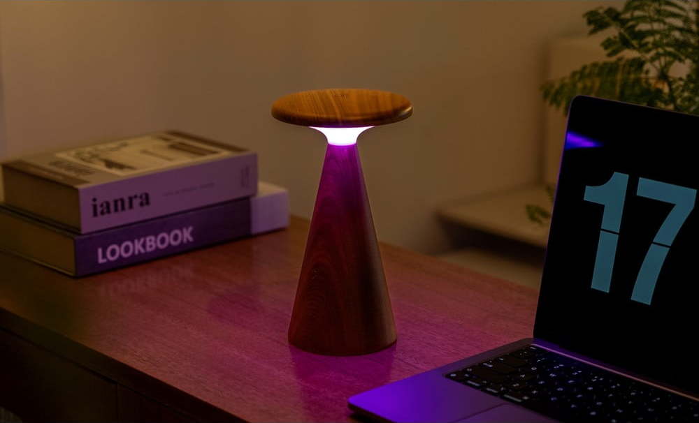 LED stolní lampa v tmavě přírodní barvě s dřevěným stínidlem (výška 21 cm) Sylva – Gingko Gingko