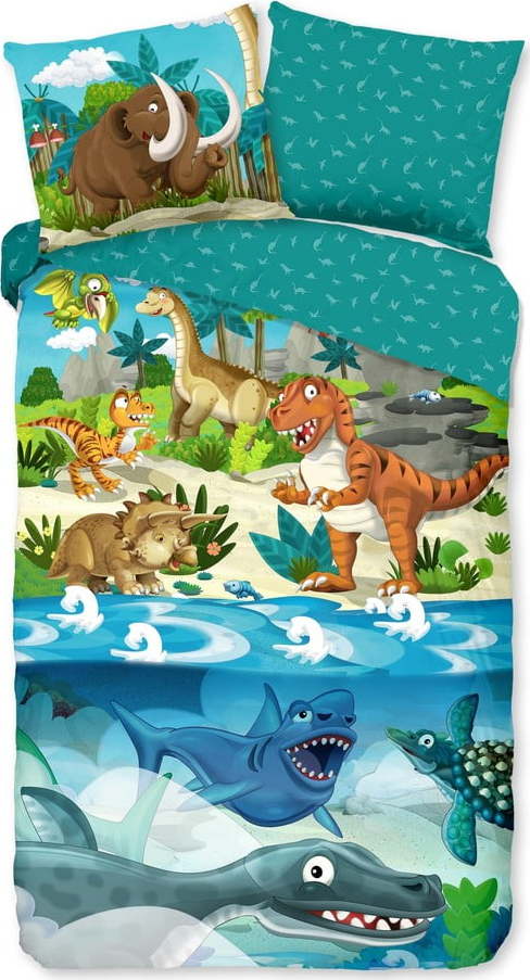 Modré bavlněné dětské povlečení na jednolůžko/prodloužené 140x220 cm Prehistoric – Good Morning GOOD MORNING