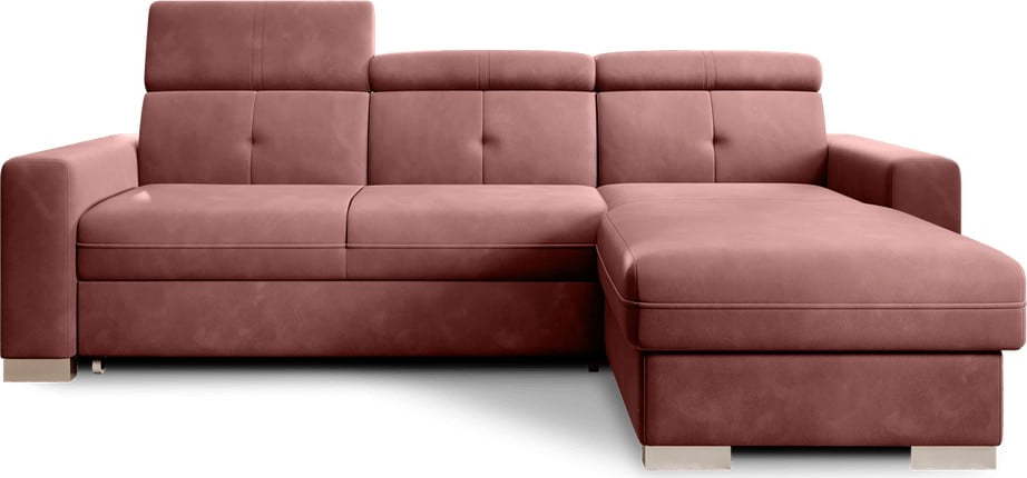 Růžová sametová rozkládací/s úložným prostorem rohová pohovka (pravý roh/s lenoškou) Fresia – ELTAP ELTAP