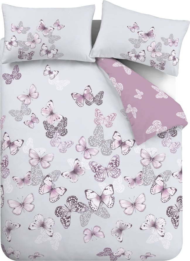 Růžové/světle šedé povlečení na dvoulůžko/prodloužené 230x220 cm Scatter Butterfly – Catherine Lansfield Catherine Lansfield