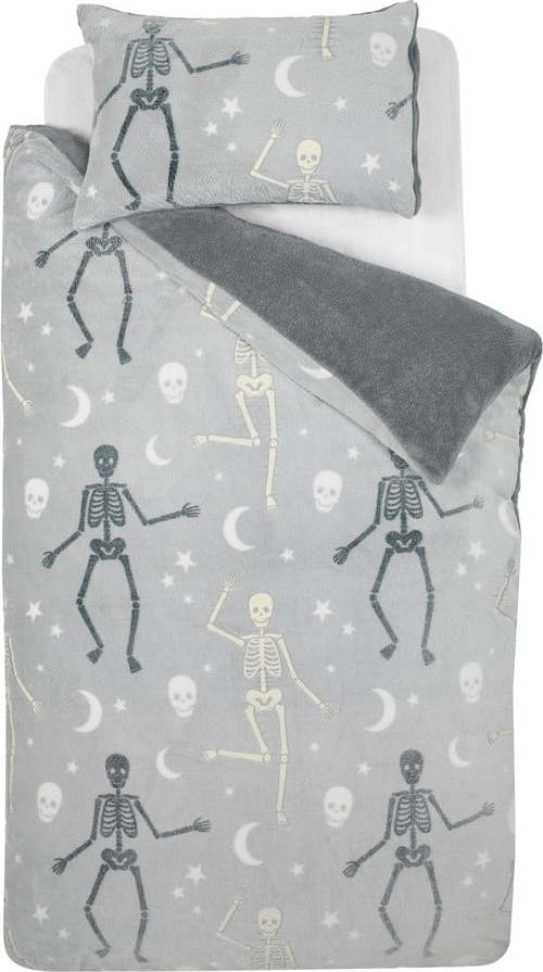 Šedé dětské povlečení se svítícím efektem na dvoulůžko z mikroplyše 200x200 cm Halloween Skeleton – Catherine Lansfield Catherine Lansfield