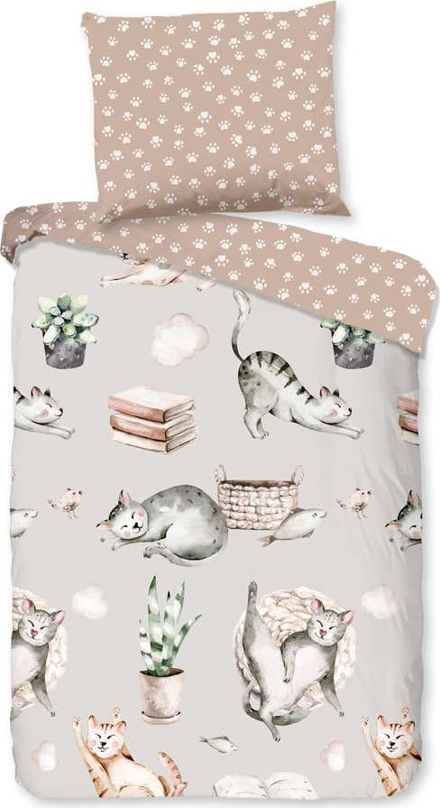 Šedé/hnědé bavlněné dětské povlečení do postýlky 120x150 cm Catlife – Good Morning GOOD MORNING